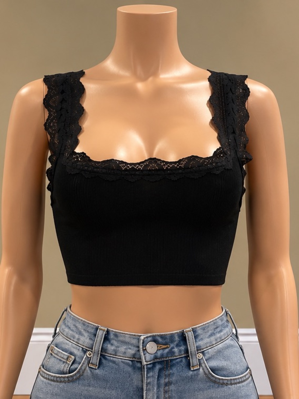 Black Ribbed Lace Trim Square Neck Crop Tank Top Low Back Small NWT